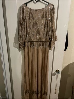 Pisarro Nights Champagne Beaded Blouson Evening Gown